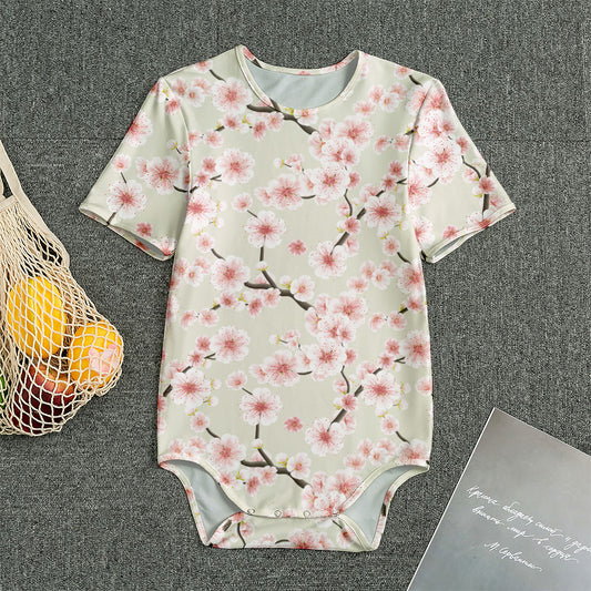 White Cherry Blossom Pattern Print Men's Bodysuit