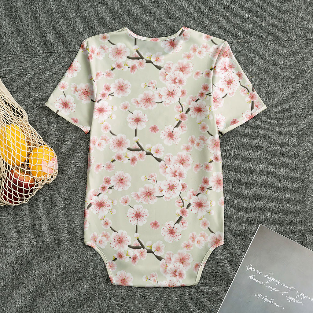 White Cherry Blossom Pattern Print Men's Bodysuit