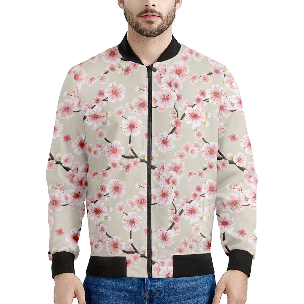 White Cherry Blossom Pattern Print Men's Bomber Jacket