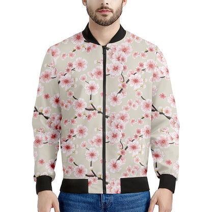 White Cherry Blossom Pattern Print Men's Bomber Jacket