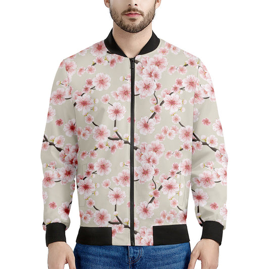 White Cherry Blossom Pattern Print Men's Bomber Jacket