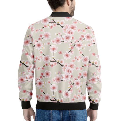 White Cherry Blossom Pattern Print Men's Bomber Jacket