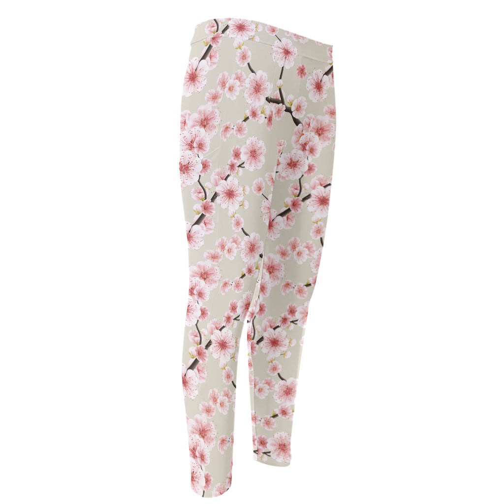 White Cherry Blossom Pattern Print Men's Compression Pants