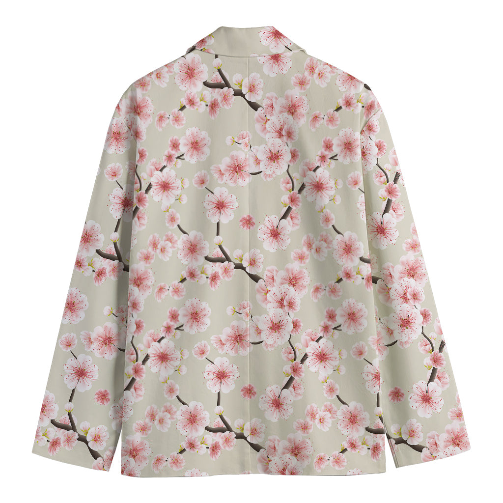 White Cherry Blossom Pattern Print Men's Cotton Blazer
