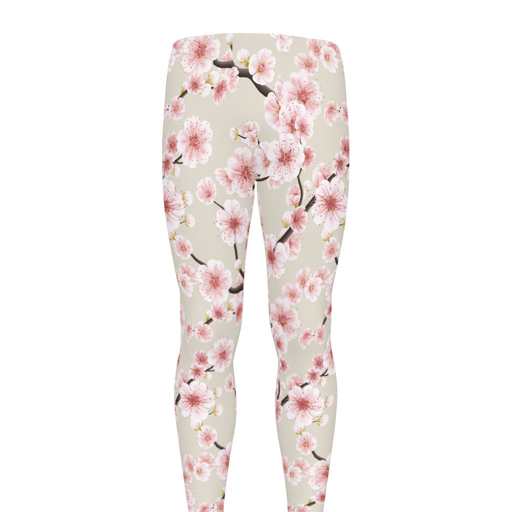 White Cherry Blossom Pattern Print Men's leggings