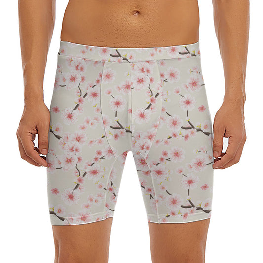 White Cherry Blossom Pattern Print Men's Long Boxer Briefs