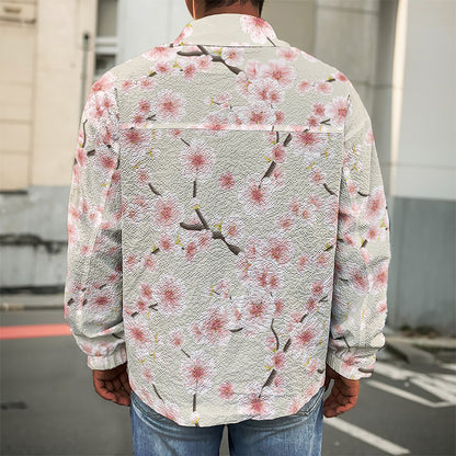 White Cherry Blossom Pattern Print Men's Shirt Jacket