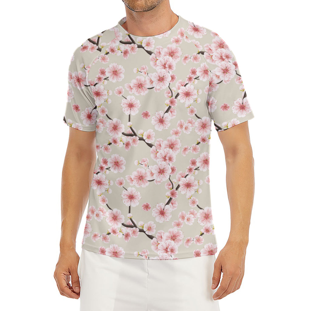 White Cherry Blossom Pattern Print Men's Short Sleeve Rash Guard