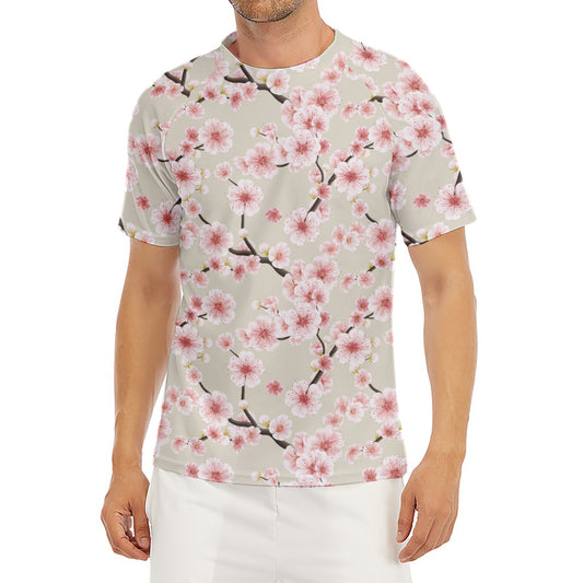 White Cherry Blossom Pattern Print Men's Short Sleeve Rash Guard