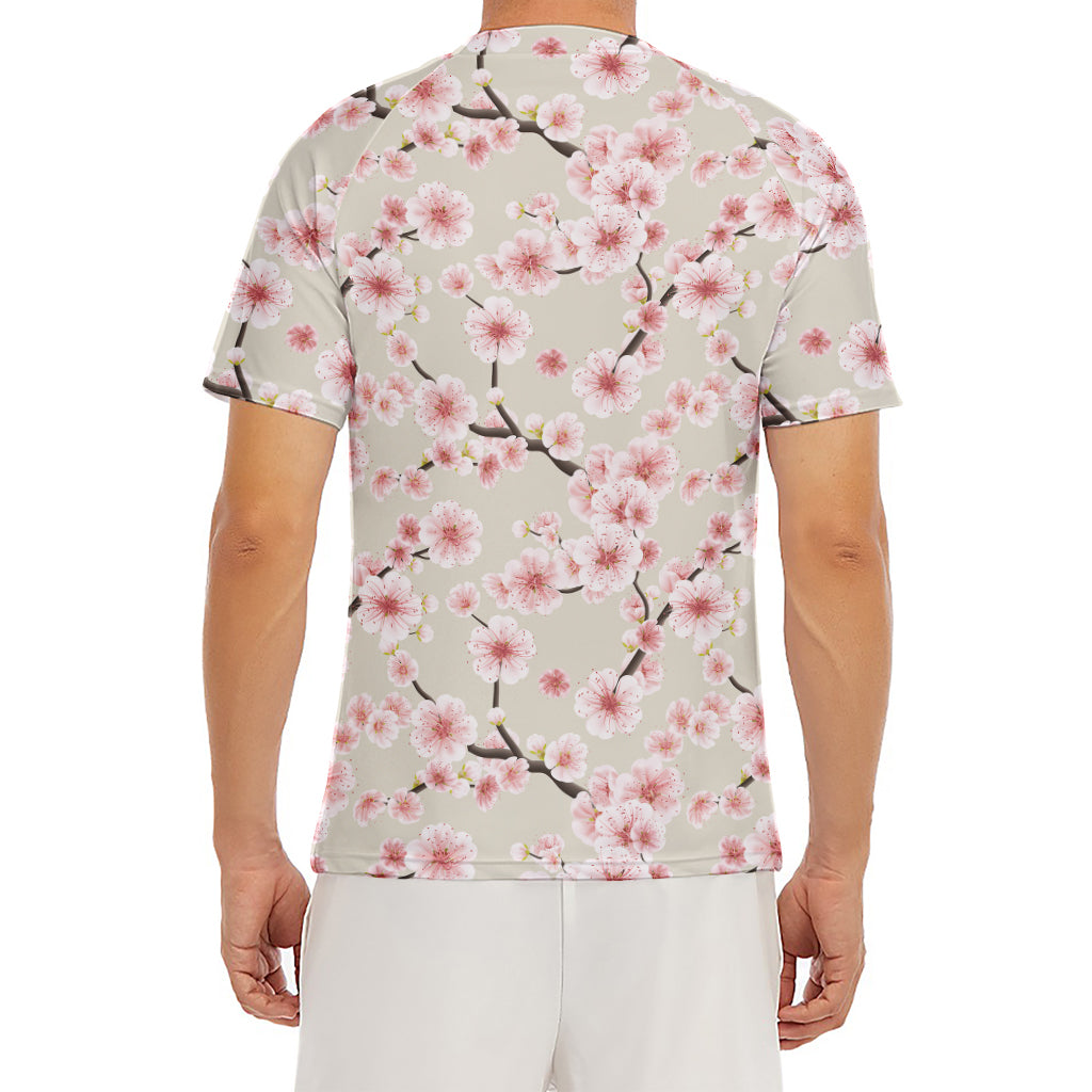 White Cherry Blossom Pattern Print Men's Short Sleeve Rash Guard