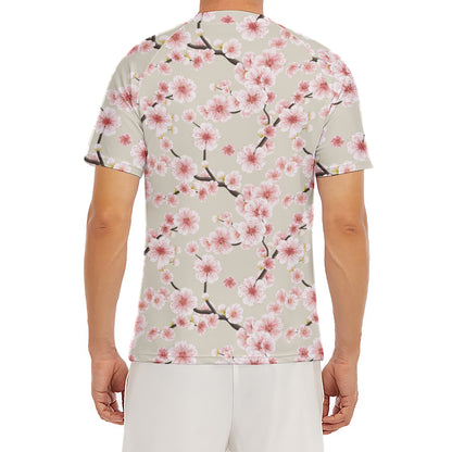 White Cherry Blossom Pattern Print Men's Short Sleeve Rash Guard