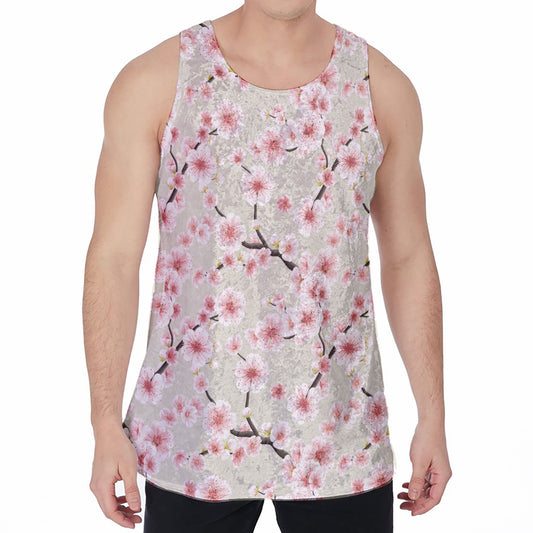 White Cherry Blossom Pattern Print Men's Velvet Tank Top