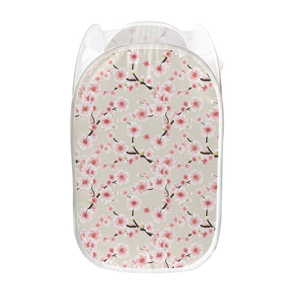 White Cherry Blossom Pattern Print Mesh Laundry Hamper