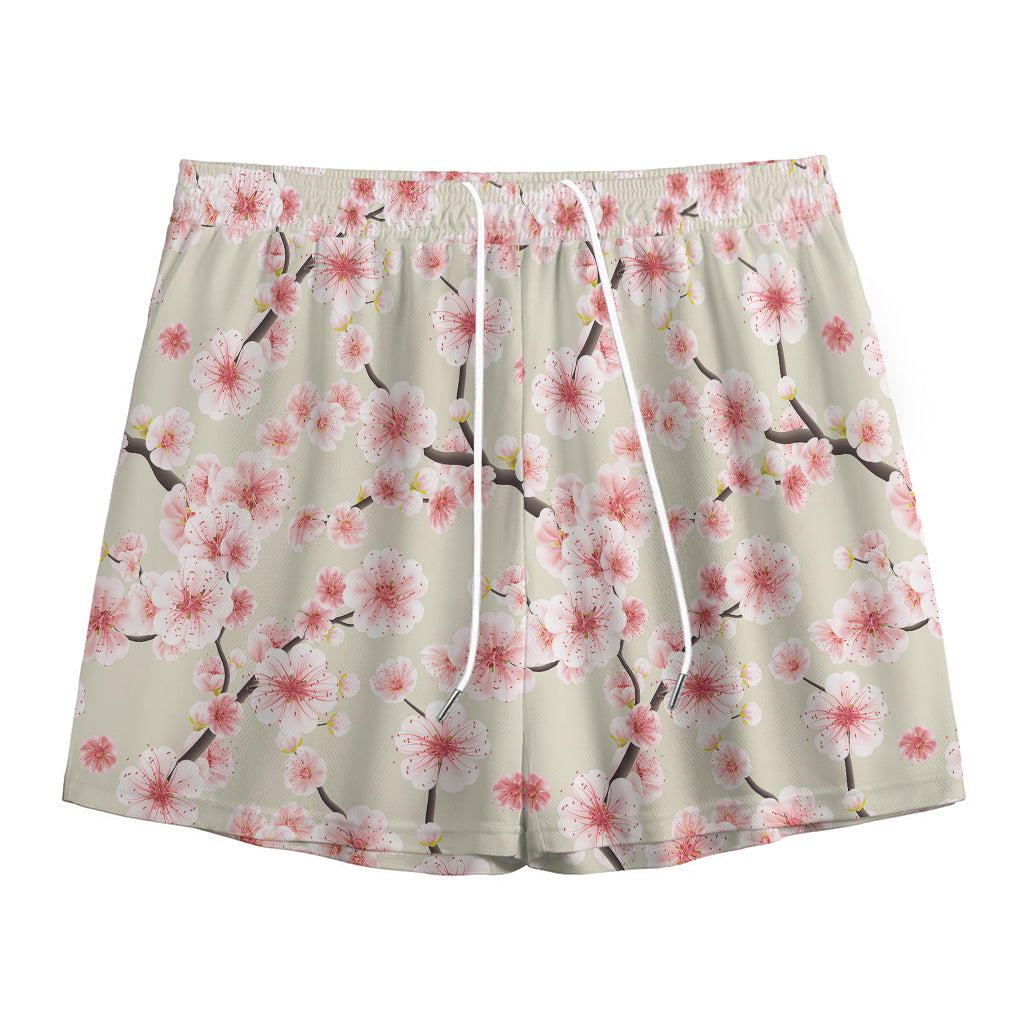 White Cherry Blossom Pattern Print Mesh Shorts