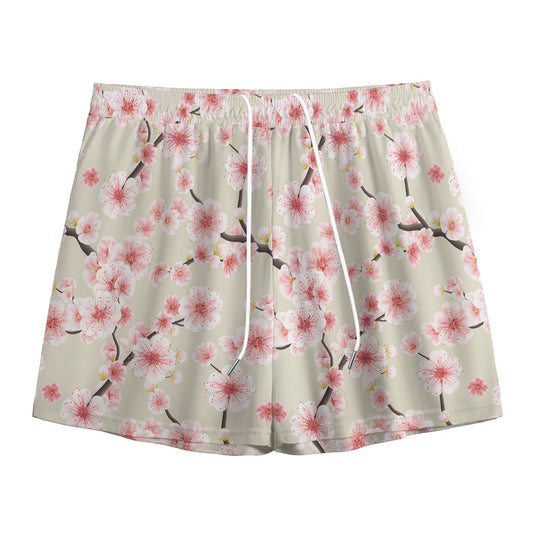 White Cherry Blossom Pattern Print Mesh Shorts