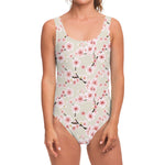White Cherry Blossom Pattern Print One Piece Swimsuit