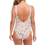White Cherry Blossom Pattern Print One Piece Swimsuit
