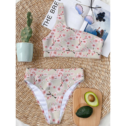 White Cherry Blossom Pattern Print One Shoulder Bikini Top