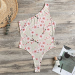 White Cherry Blossom Pattern Print One Shoulder Bodysuit