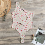 White Cherry Blossom Pattern Print One Shoulder Bodysuit