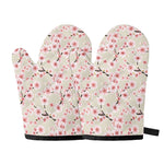 White Cherry Blossom Pattern Print Oven Mitts