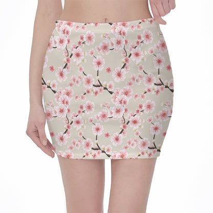 White Cherry Blossom Pattern Print Pencil Mini Skirt