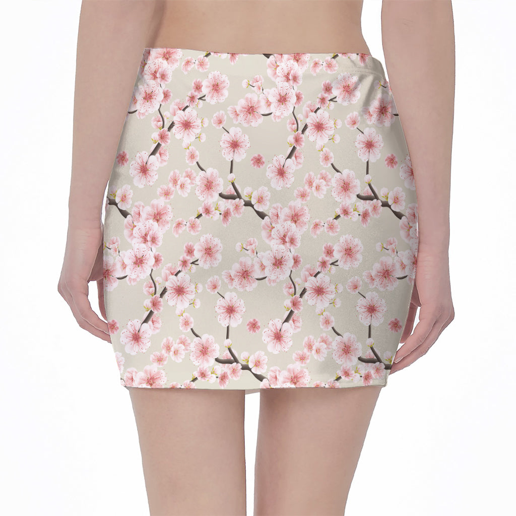 White Cherry Blossom Pattern Print Pencil Mini Skirt