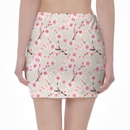 White Cherry Blossom Pattern Print Pencil Mini Skirt