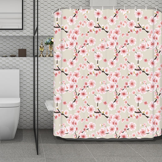 White Cherry Blossom Pattern Print Polyester Shower Curtain