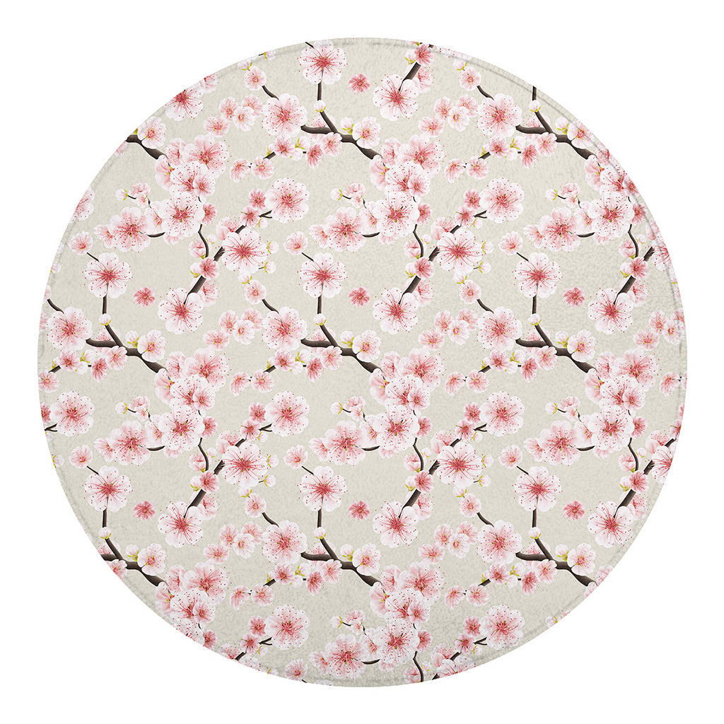 White Cherry Blossom Pattern Print Round Blanket