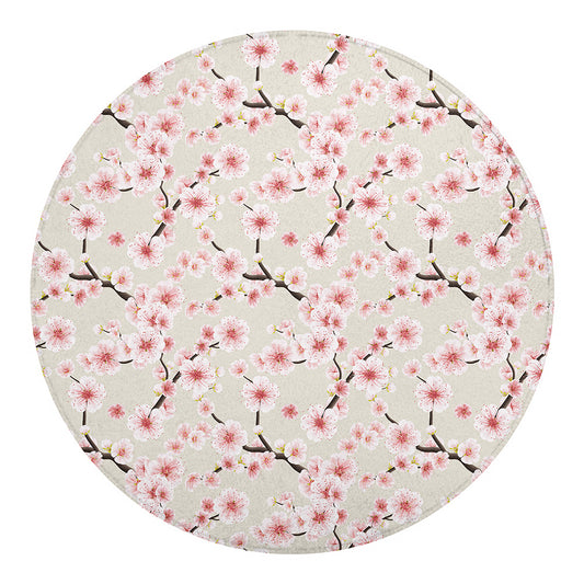 White Cherry Blossom Pattern Print Round Blanket