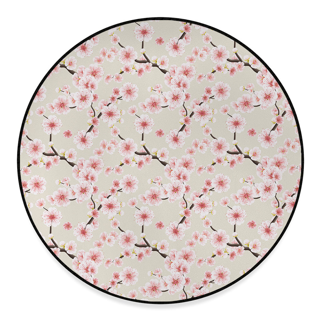 White Cherry Blossom Pattern Print Round Floor Mat