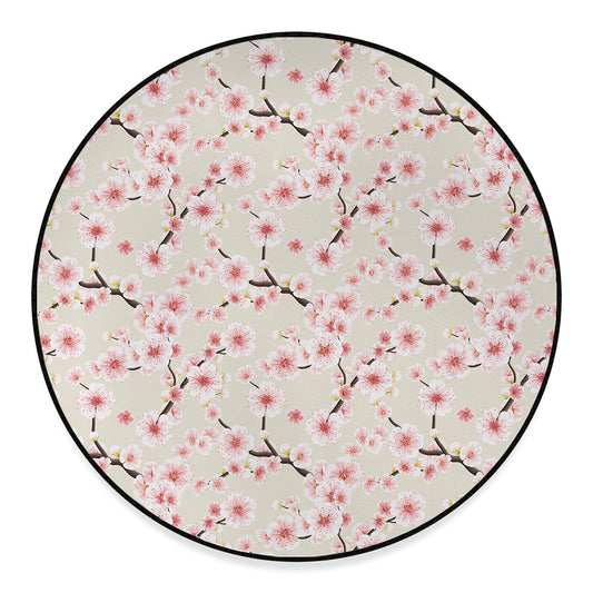 White Cherry Blossom Pattern Print Round Floor Mat