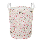 White Cherry Blossom Pattern Print Round Laundry Basket