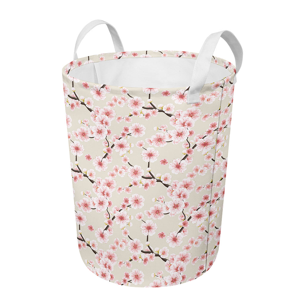 White Cherry Blossom Pattern Print Round Laundry Basket