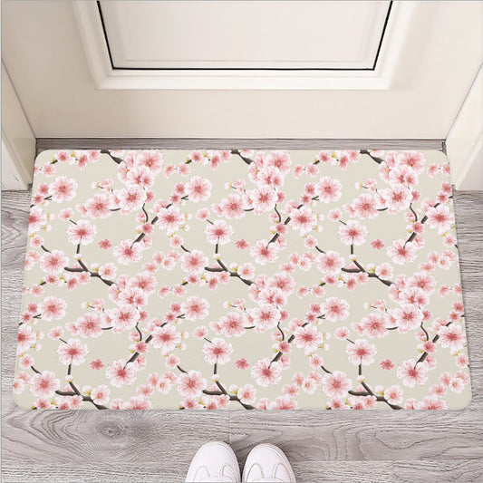 White Cherry Blossom Pattern Print Rubber Doormat