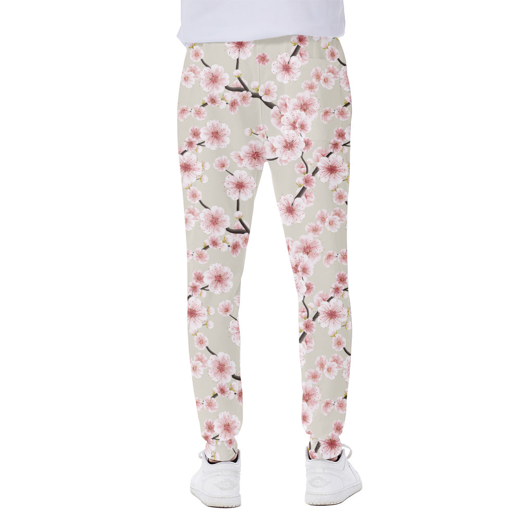 White Cherry Blossom Pattern Print Scuba Joggers