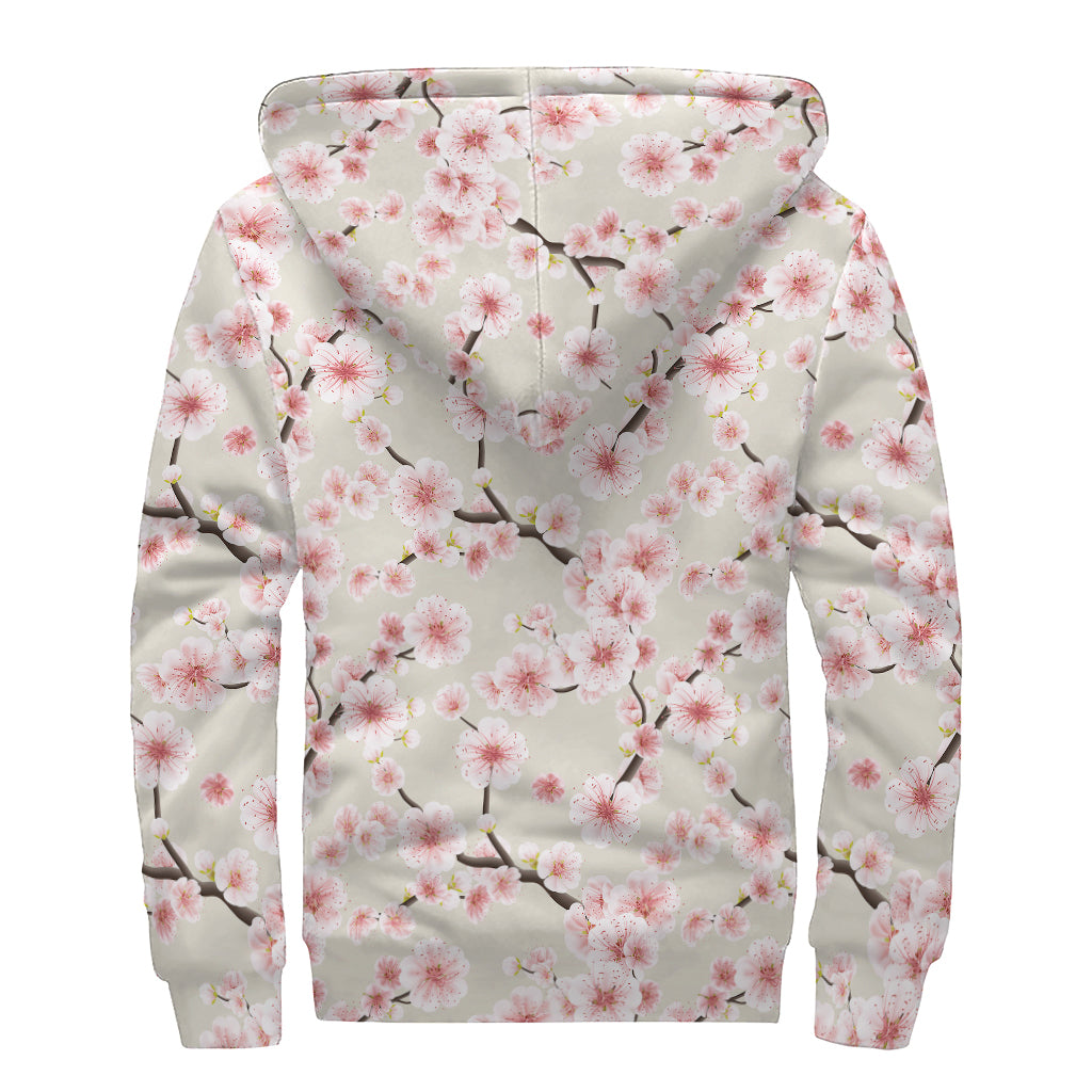 White Cherry Blossom Pattern Print Sherpa Lined Zip Up Hoodie