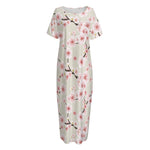 White Cherry Blossom Pattern Print Short Sleeve Long Nightdress