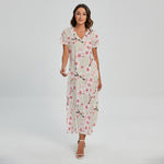White Cherry Blossom Pattern Print Short Sleeve Maxi Dress