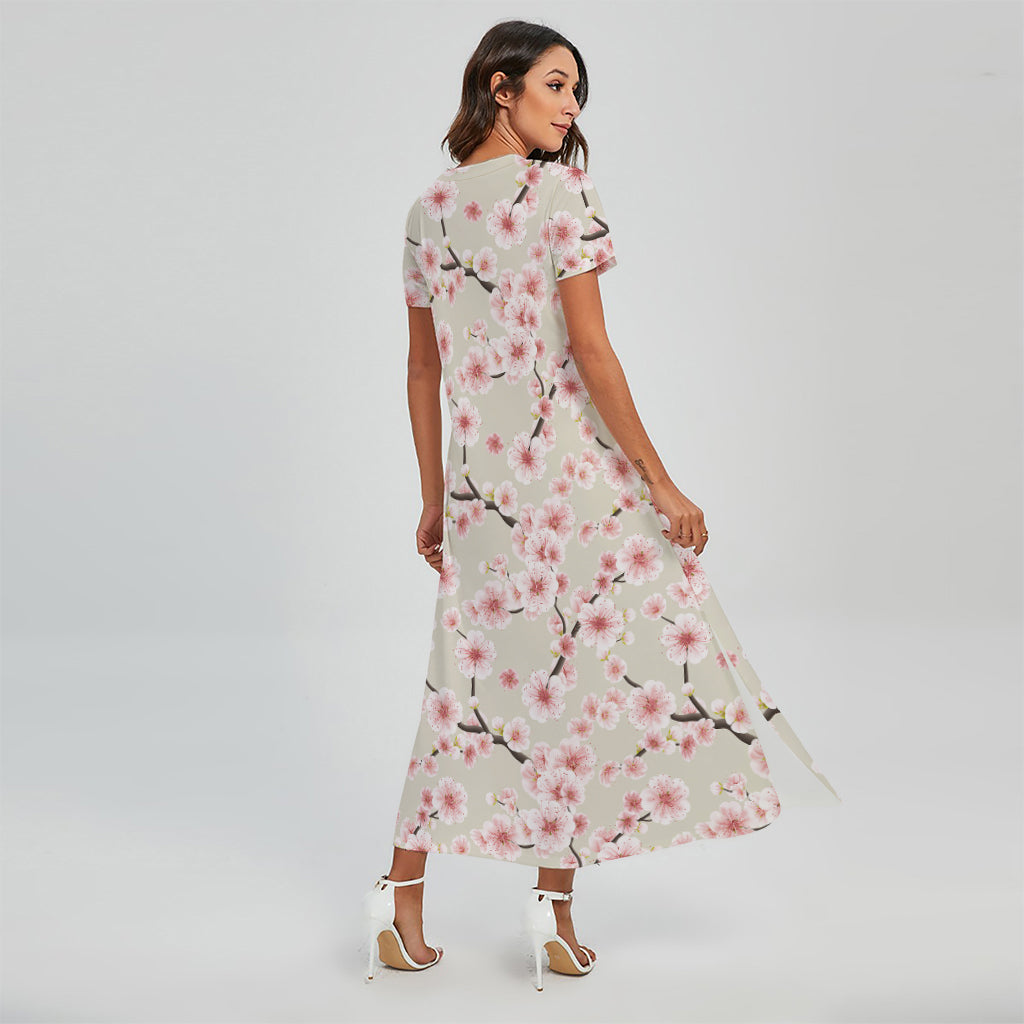 White Cherry Blossom Pattern Print Short Sleeve Maxi Dress – GearFrost
