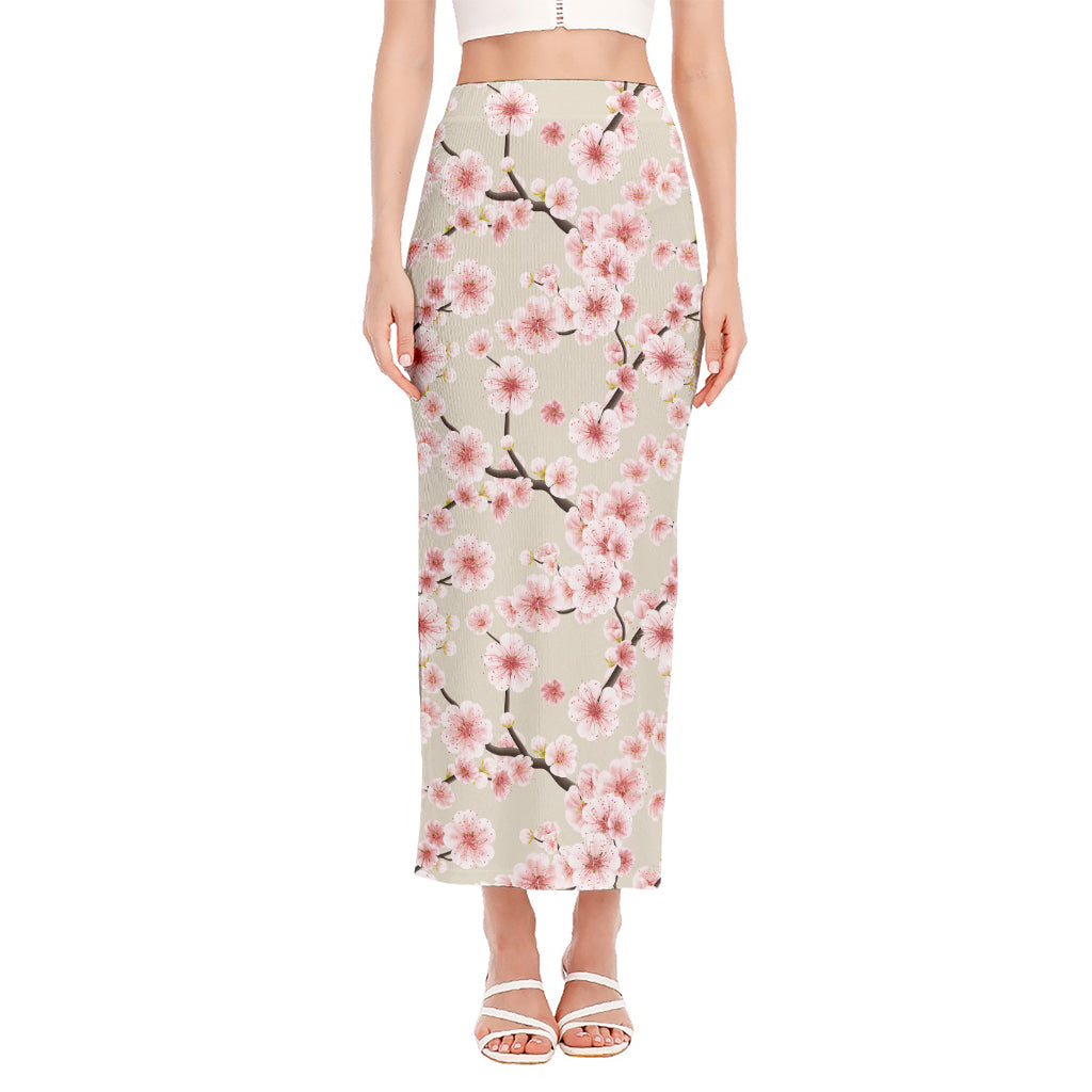 White Cherry Blossom Pattern Print Side Slit Maxi Skirt