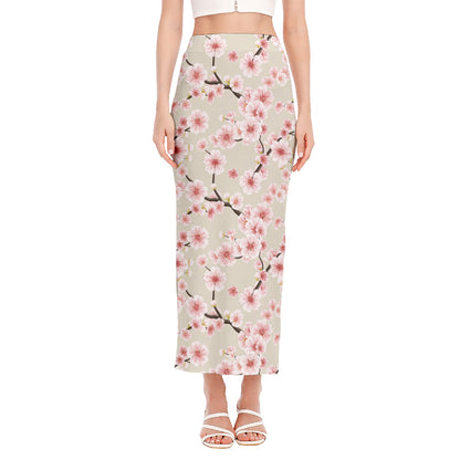 White Cherry Blossom Pattern Print Side Slit Maxi Skirt