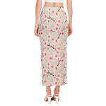 White Cherry Blossom Pattern Print Side Slit Maxi Skirt