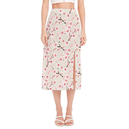White Cherry Blossom Pattern Print Side Slit Midi Skirt