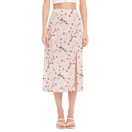 White Cherry Blossom Pattern Print Side Slit Midi Skirt