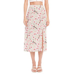 White Cherry Blossom Pattern Print Side Slit Midi Skirt