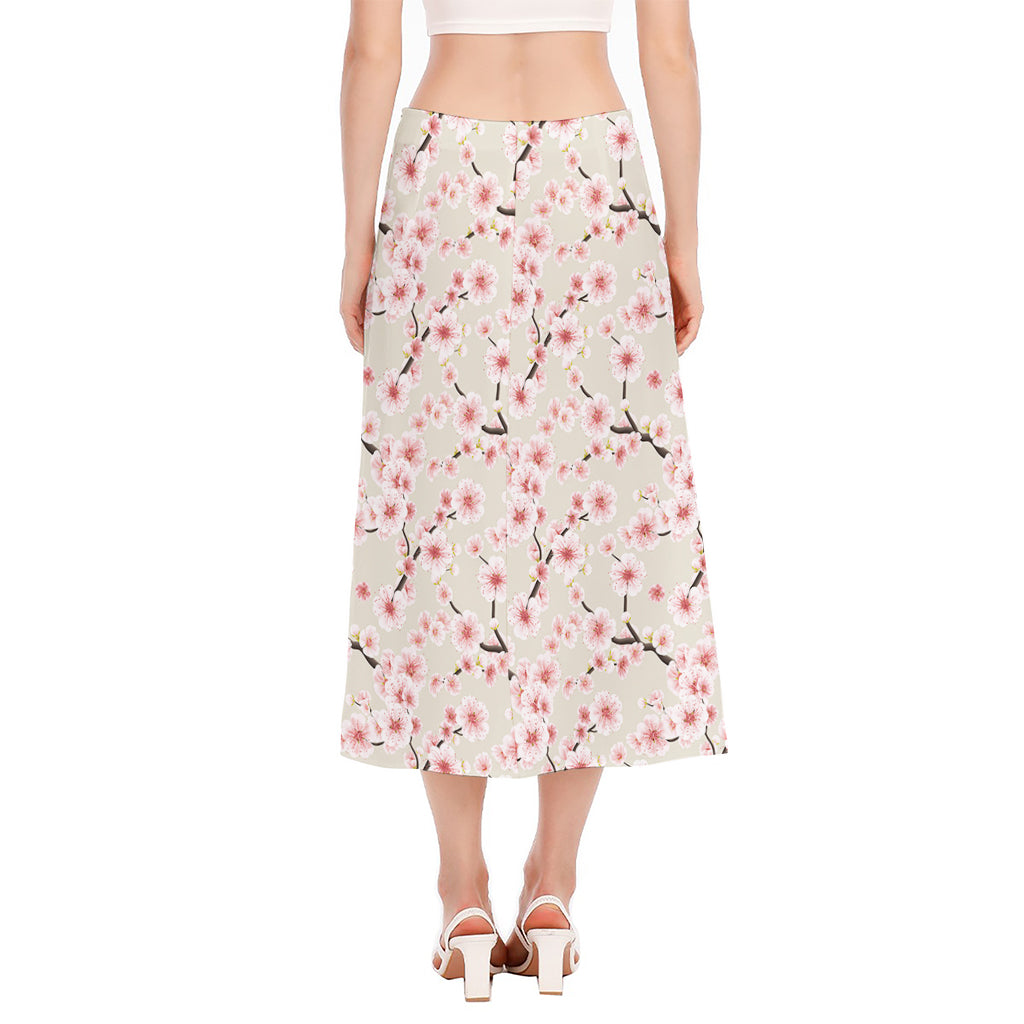 White Cherry Blossom Pattern Print Side Slit Midi Skirt