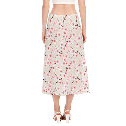 White Cherry Blossom Pattern Print Side Slit Midi Skirt