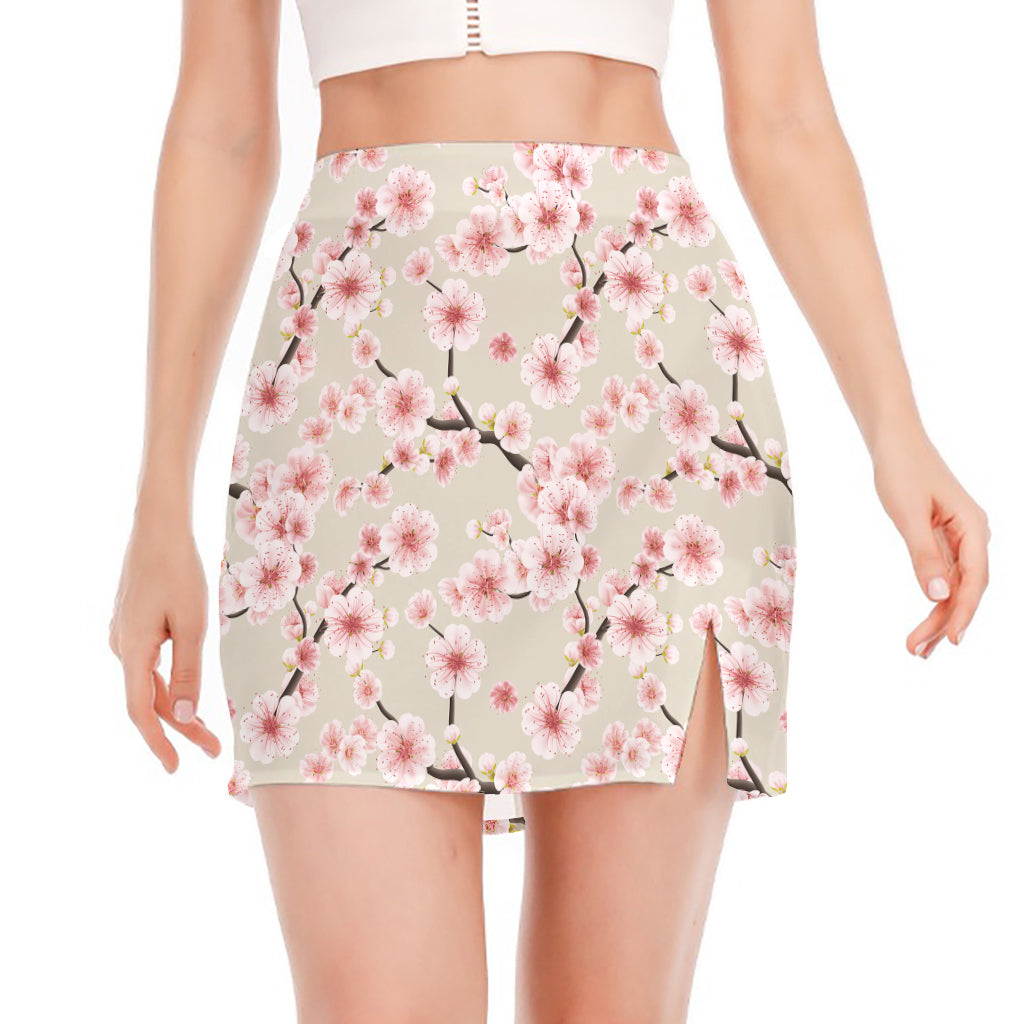 White Cherry Blossom Pattern Print Side Slit Mini Skirt